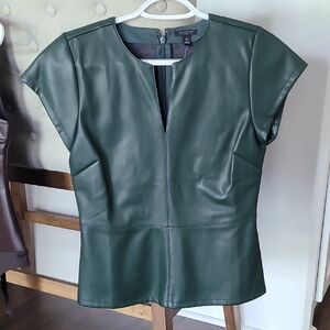 Ann Taylor Deep Green Faux Leather Blouse Petite XSP